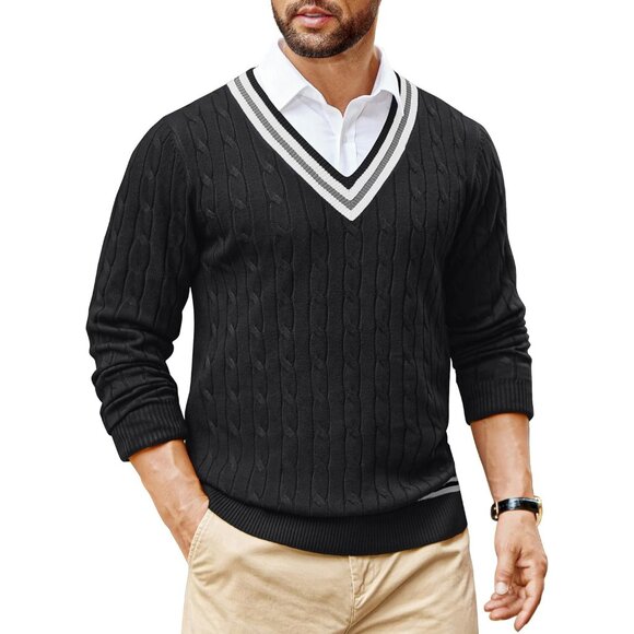 Sweaters - Men's V Neck Sweater Long Sleeve Cable Knit Sweater Pullover Slim Fit Ink Black